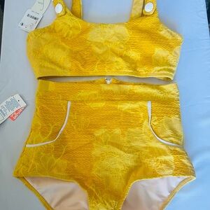 Seea Yellow Textured Floral High-Waist Bikini Set